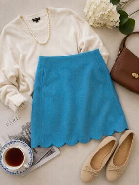 Talbots Wool Blend Scallop Hem Skirt Size 10 Turquoise Blue Lined Career Classic